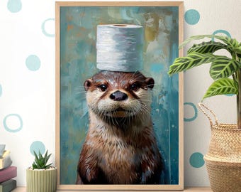 May include: A framed art print features a whimsical otter with a roll of toilet paper balanced on its head. The otter has brown fur and a curious expression. The background is a blend of blue and white brushstrokes, creating a textured effect. The artwork is displayed in a light brown wooden frame.