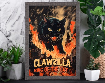 Retro Cat Monster Poster, Clawzilla, Giant Black Cat