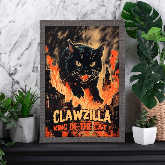 Retro Cat Monster Poster, Clawzilla, Giant Black Cat, Classic