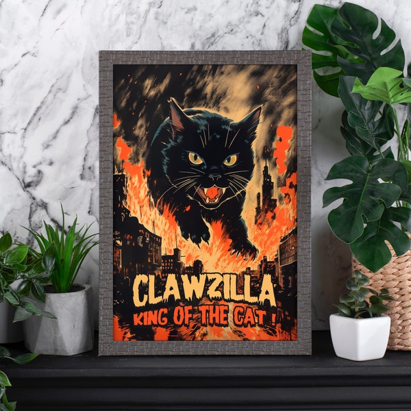 Retro Cat Monster Poster, Clawzilla, Giant Black Cat, Classic Monsters Print, Home Decor Wall Art, Horror Movie Poster, Vintage Moody Art