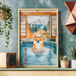 Japanese Bathhouse Bath Shiba Poster, Shiba Inu Lover, Japanese Dog Onsen, Spa Day, Hot Spring Wall Art, Fuji Mountain Print, Restroom Decor