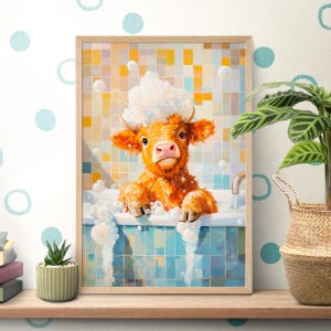 May include: A brown and white cow with a white soapy head is taking a bath in a blue and white tiled bathtub. The cow is looking at the viewer with a happy expression.