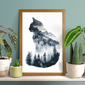 Bergwaldkatze Silhouette Poster, schwarze Katze Wandkunst, lustiges Kätzchen Druck, Geschenk für Tierliebhaber, Waldkern Dekor, Aquarell Landschaftsfarbe