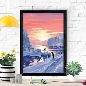 Póster de pingüino al atardecer en el iceberg antártico, paisaje nevado, decoración de animales para el hogar, arte para la habitación de los niños, impresión de vida silvestre, amante de los pingüinos, arte de pared de invierno