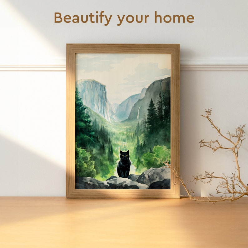 Yosemite National Park Cat Poster, Watercolor Painting, Black Cat Print, Mountain Wall Art, Home Decor Posters, Nature Wall Art, California image 2