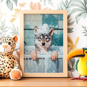 May include: A framed illustration of a wolf taking a bath in a white bathtub with bubbles. The wolf has a white soapy head and is looking directly at the viewer. The background is a blue tiled bathroom.