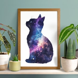 Space Galaxy Katze Silhouette Poster, Schwarze Katze Wandkunst, Lustiges Kätzchen Druck, Haustier Liebhaber Geschenk, Milchstraße Dekor, Astronomie, Aquarell Universum