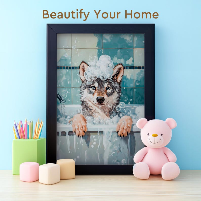 Wolves Bath Bathtub Bubble Bath Wolf Poster, Bathroom Wall Art, Funny Gray Wolf ...