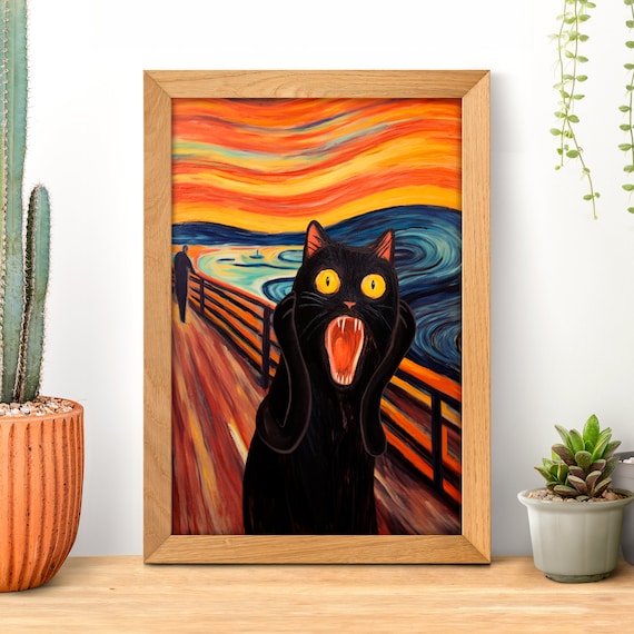 Funny Black Cat Canvas Wall Art – 8x10 Inch Framed Print Inspired By The Scream, Eclectic Decor For Living Room, Bedroom, Bathroom
