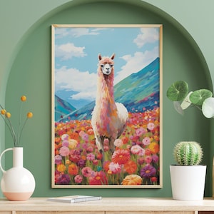 Flower Field Llama Alpaca Poster, Llama Lover Gift, Floral Wall Art, Wildlife Home Decor, Vintage Nature Prints, Wild Animals Nursery Decal