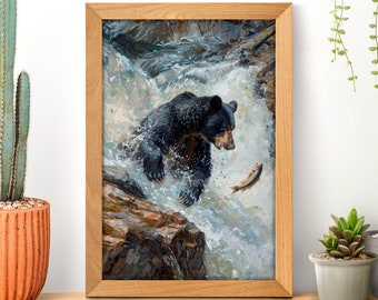 Black Bear River Fishing Poster, Bear Painting, Wildlife Nursery Decor, Nature Lover Gift, Bear Artwork Prints, Woodland Animals Wall Art