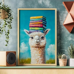May include: A framed art print featuring a whimsical llama with a stack of colorful books balanced on its head. The llama has fluffy white fur and a serene expression. The background is a bright blue sky with fluffy white clouds and green grass.