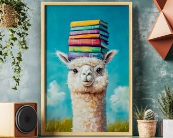 Adorable Alpaca Balancing Books Poster, Funny Camelid Print, Llama Decor, Wild Animals Portrait, Bookish Wall Art, Book Stack, Reading Lover