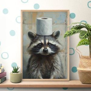 Póster de mapache con papel higiénico para baño, divertida impresión de panda de basura, pinturas al óleo, retrato de animal, arte de pared para inodoro, regalo para amantes de los mapaches, decoración de baño