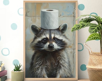 Bathroom Toilet Paper Raccoon Poster, Funny Trash Panda Print, Oil Paints, Animal Portrait, Toilet Wall Art, Raccoon Lover Gift, Bath Decor