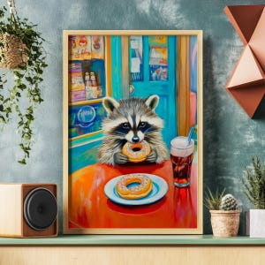 May include: A raccoon sitting at a red table in a cafe setting, eating a donut with sprinkles. The raccoon is wearing a white shirt and has a glass of soda next to it.