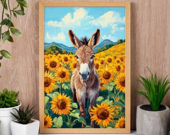 May include: A brown donkey stands in a field of yellow sunflowers. The donkey is looking directly at the viewer. The background is a blue sky with white clouds.
