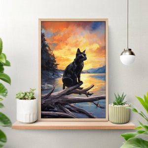 流木と猫のポスター、黒猫の壁アート、水彩画の子猫の絵画、室内装飾ポスター、水槽の大きな流木彫刻、ムーディなアート