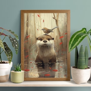 Fröhlicher Otter und Vogel Poster, Lustiger Seeotter Kunstdruck, Kinderzimmer, Waldvogel Dekor, Wildtier Wand Kunst, Otter Liebhaber Geschenk, Vögelchen