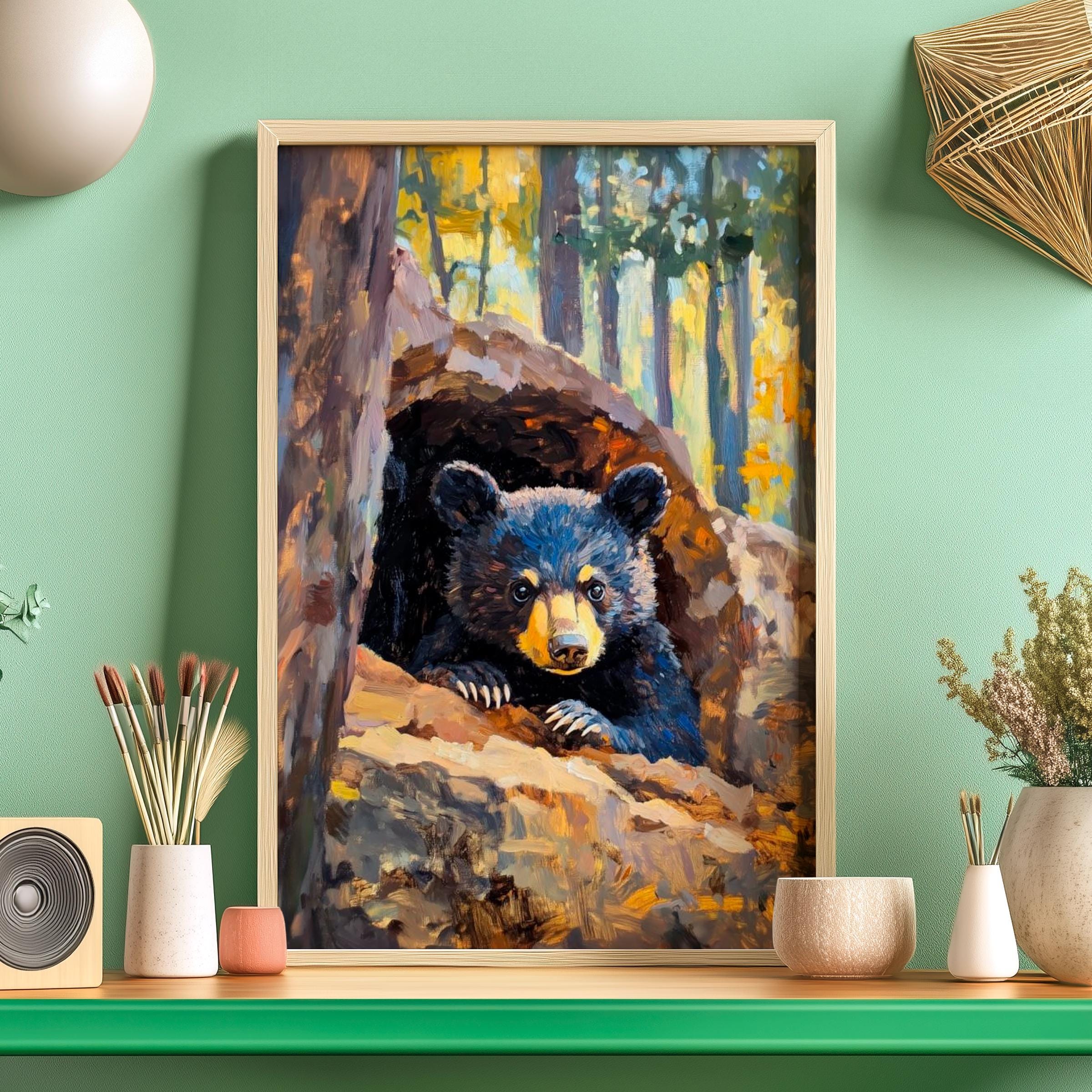 Curious Bear Peeking Den Poster, Funny Black Bear Print, Baby Animals Lover, Wildlife Nursery Wall Art, Bear Cub Portrait, Forestcore Decor