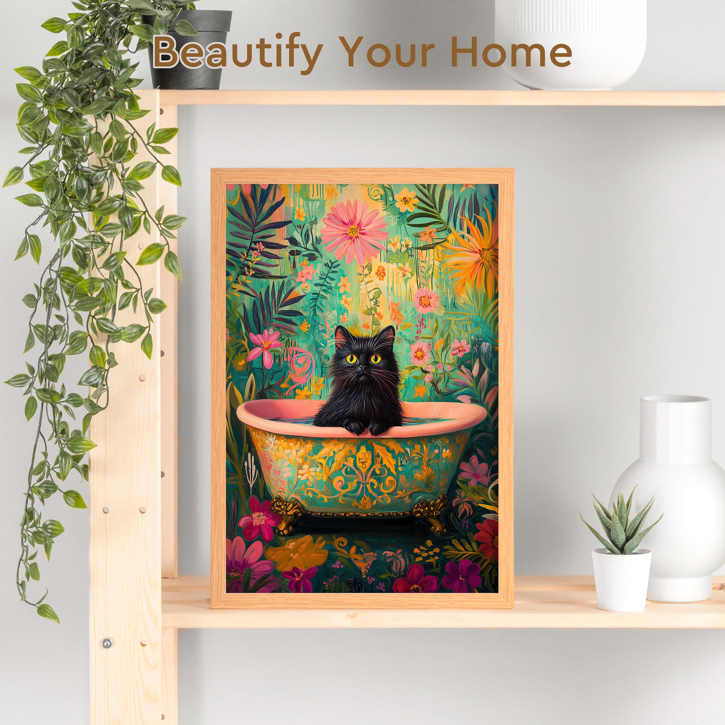 Floral Bathtub Bath Cat Poster, Bathroom Wall Art, Black Cat Portrait ...