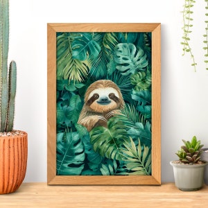 Rainforest Monstera Pflanzen Faultier Poster, Faultier Wandkunst, Faultier Liebhaber Geschenk, Aquarell Malerei, Tropische Blätter Dekor, Wildtiere Drucke