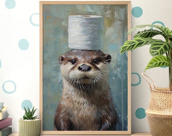 Bathroom Toilet Paper Otter Poster, Funny Sea Otter Gifts, Oil Paints, Wild Animals Portrait, Toilet Wall Art, Otter Lover Gift, Bath Decor