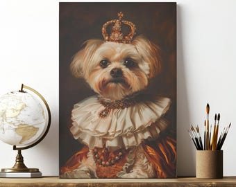 May include: A painting of a small, fluffy dog wearing a gold crown and a white ruffled collar. The dog is sitting on a throne with a gold and orange robe. The background is a dark brown.