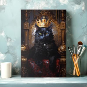 May include: A black cat wearing a gold crown sits on a throne with a red velvet cushion. The throne is ornately decorated with gold accents.