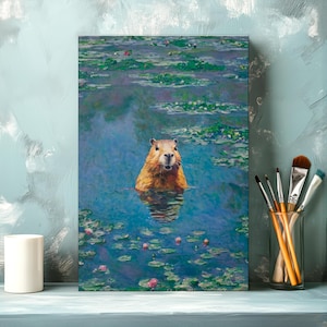 Art mural sur toile Monet nénuphars mignons Capybara, mat étiré de 0,75 po, drôle d'animal aquatique, décoration florale, portrait géant Gavy, impression de la faune