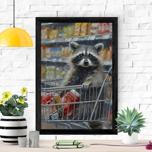 Supermarket Shopping Cart Raccoon Poster, Funny Trash Panda Print, Raccoon Lover Gift, Wildlife Home Decor, Oil Painting, Nursery Wall Art