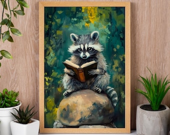 May include: A raccoon sitting on a rock in a woodland setting, reading a book. The raccoon is brown and grey with a black mask around its eyes. The book is brown with a gold spine. The woodland background is green and yellow.