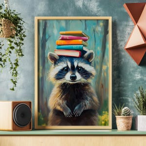 May include: A painting of a raccoon with a stack of colorful books on its head. The raccoon is standing in a forest setting with green trees and foliage.