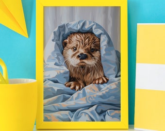 Wildtier Otter unter Decke Poster, lustiger Seeotter Druck, Flussotter Wandkunst, Ozeantier, Kinderzimmerdekor, Otter-Liebhaber, Otter-Porträt