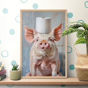 Bathroom Toilet Paper Piggy Poster, Pig Lover Gift, Farm Animals Portrait, Toilet Wall Art, Baby Pig Print, Oil Paintings, Funny Bath Decor