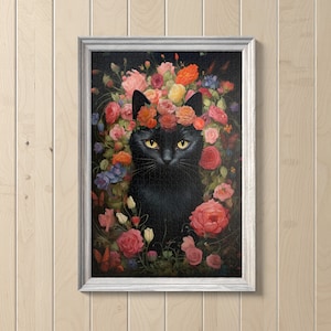 Garden Flower Crown Cat Jigsaw Puzzle, 110/252/520/1014 Pcs, Kids Adults Puzzle, Puzzle Wall Decor, Family Activity, Black Cat, Floral Art