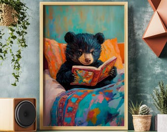 Bear Reading Bedtime Storybook Poster, Black Bear Print, Wildlife Portrait, Baby Animals Decor, Bookish Wall Art, Book Reading Lover Gift