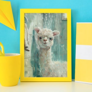 Bathroom Rain Shower Alpaca Poster, Funny Llama Prints, Alpaca Lover Gift, Baby Animal Portrait, Toilet Wall Art, Oil Painting, Bath Decor