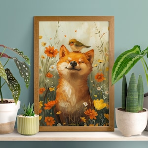 Fröhlicher Shiba und Vogel Poster, Lustiger Shiba Inu, Welpen-Liebhaber, niedliches Haustier-Kinderzimmer, Waldvogel-Dekor, Hundeporträt-Druck, Vögelchen