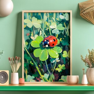 May include: A red and black ladybug perched on a green four-leaf clover. The clover is surrounded by other green leaves and a blurred background.