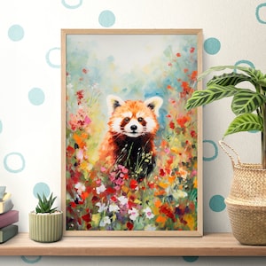 Flower Field Red Panda Poster, Cute Red Panda Pattern, Red Panda Nursery, Retro Flower Print, Moody Floral Wall Art, Wildlife Animals Decor