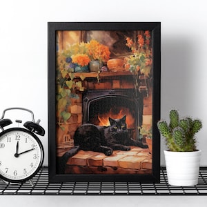 Fireplace Cozy Cat Jigsaw Puzzle, 110/252/520/1014 Pcs, Kids Adults Puzzle, Puzzle Wall Decor, Family Activity, Black Cat Art, Pet Painting
