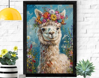 Floral Crown Llama Alpaca Poster, Alpaca Lover Gift, Llama Nursery, Wildlife Decor, Wild Animal Portrait Painting, Bohemian Flower Wall Art