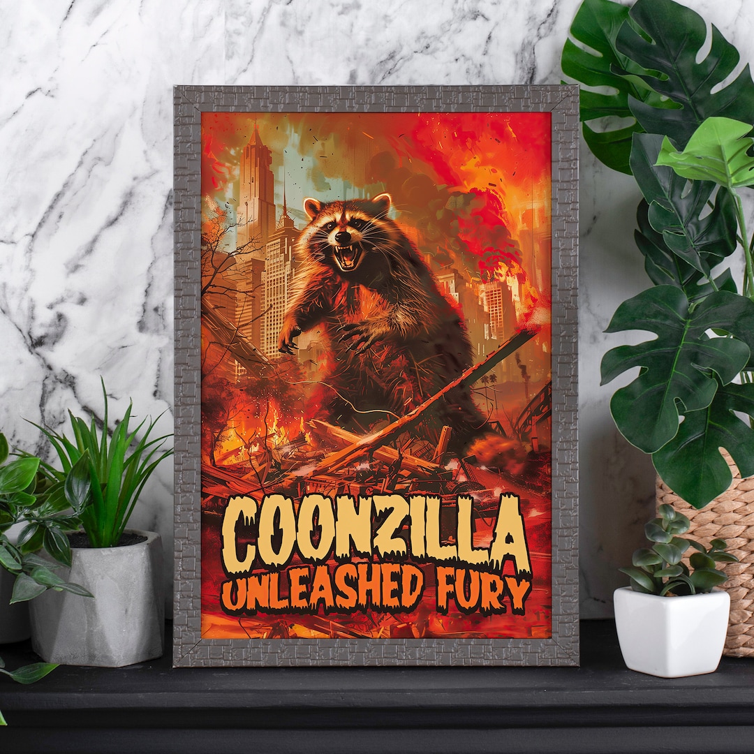 Monsterous Raccoons Retro Giant Raccoon Monster Poster, Coonzilla, Classic Monsters Print ...