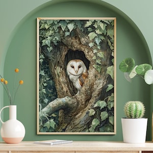 Baum hohlen Schleiereule Poster, Eule Kinderzimmer Dekor, Vintage Wald Druck, Vogel Wand Kunst, Vogel Liebhaber Geschenk, Aquarell Farben, wunderliche Tapete