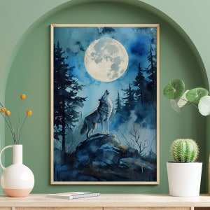 Wald beim Heulen des Wolfs Poster, Wolf Mond Wandbild, Wildtiere Poster, Vintage Natur Druck, Wildtiere Kinderzimmer, Aquarell Malerei