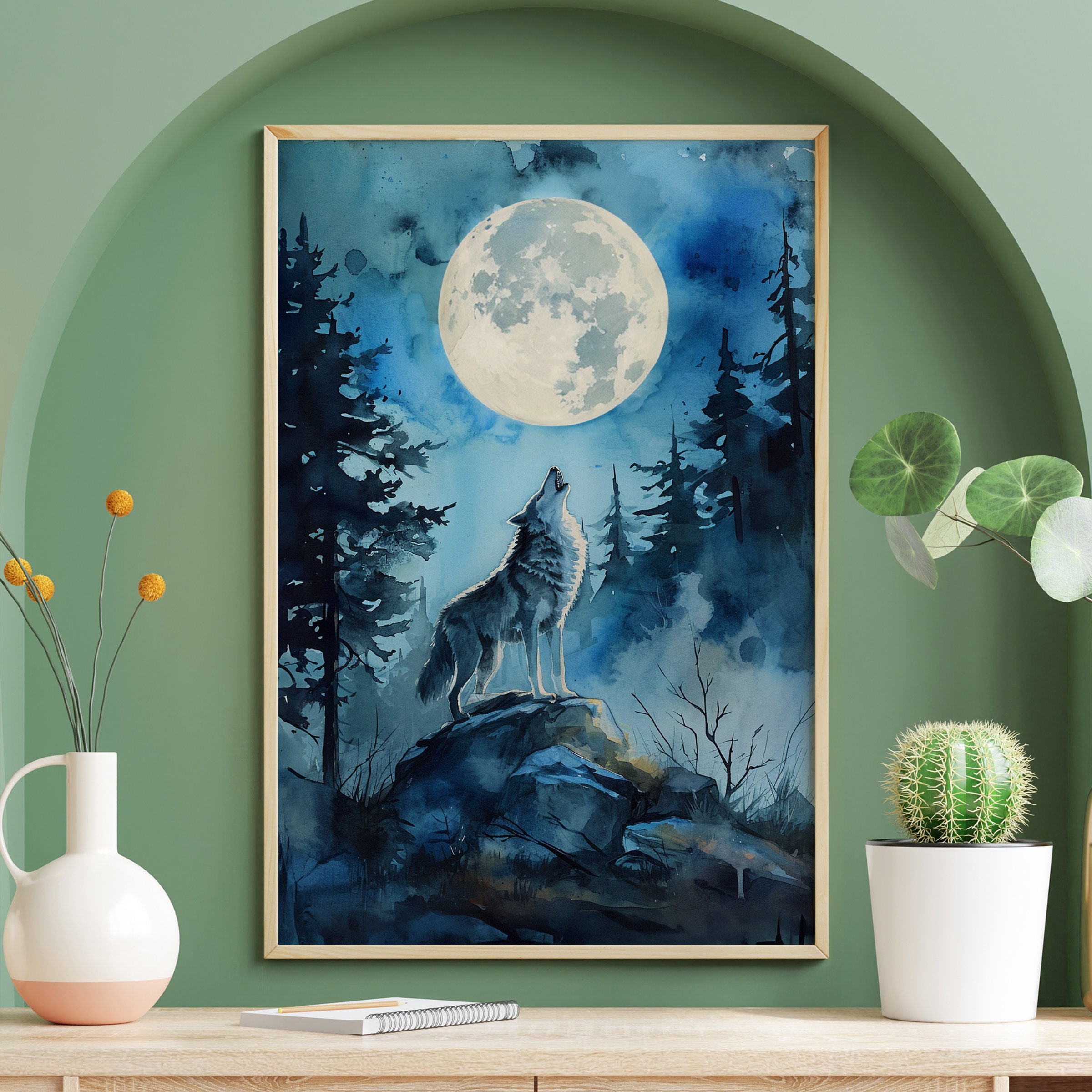 Wald beim Heulen des Wolfs Poster, Wolf Mond Wandbild, Wildtiere Poster ...
