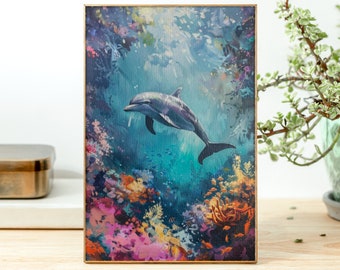 May include: A painting of a dolphin swimming through a vibrant coral reef. The dolphin is gray and white, and the coral is a variety of colors, including pink, orange, and yellow.