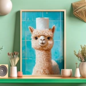May include: A white fluffy alpaca wearing a toilet paper roll as a hat. The alpaca is looking directly at the viewer with a friendly expression. The background is a blue tiled wall.