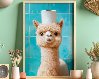 Bathroom Toilet Paper Alpaca Poster, Baby Llama Lover, Funny Camelid Print, Vicuna Portrait, Wildlife Nursery, Restroom Wall Art, Bath Decor